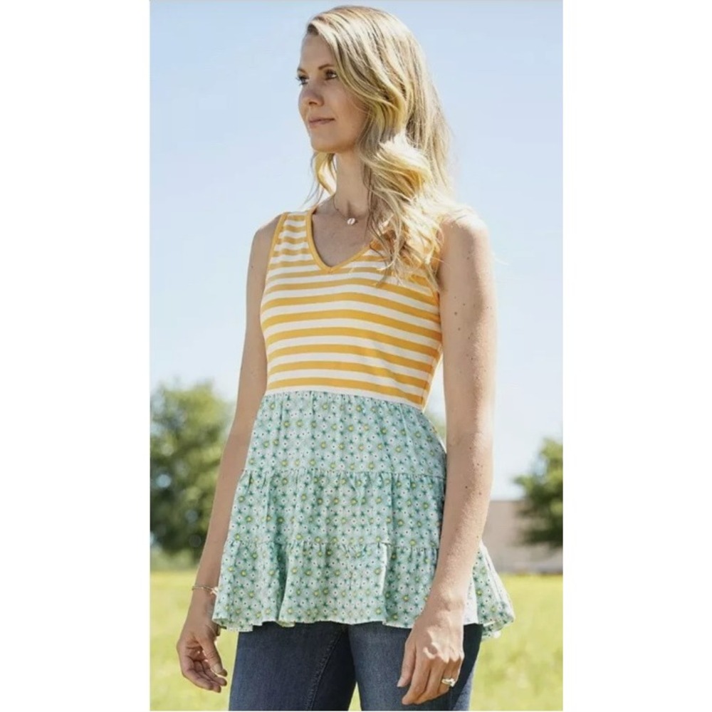 Women Matilda Jane Wonderment Sunshine Ahead Top Striped Cottagecore Tiered Sz L
